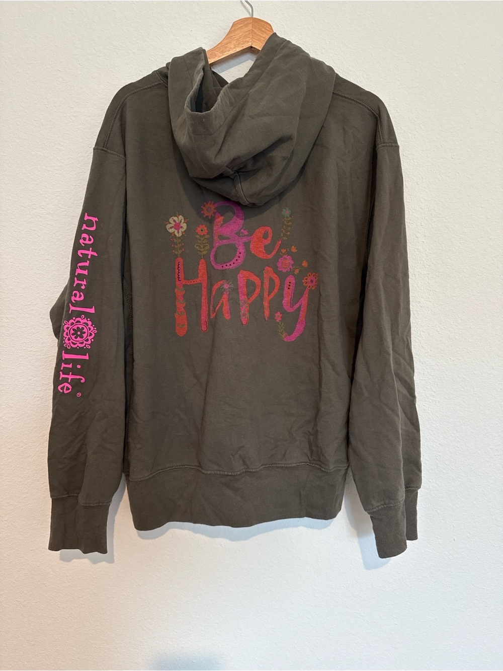 NATURAL LIFE Olive Green Oversized Hoodie with Pink 'Be Happy' Graphic